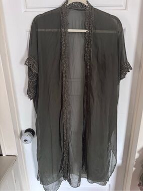 Women's Sheer Crochet-Trim Kimono Cardigan - Olive